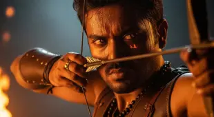 AI Video: Extreme close-up of warrior pulling bowstring, heartbeat sound effect,...