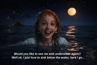 AI Video: Realistic Live action only Relaxed Wendy as a Child all wet hair soked...