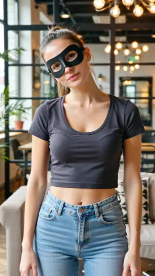 AI Video: Tilts head playfully, mask adjusts. Eye sparkle, eyebrows waggle. Chest rises...