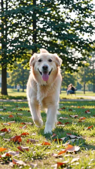 AI Video: A happy golden retriever sprints toward the camera across a sunny meadow,...