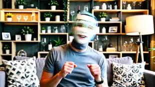 AI Video: Tilts head playfully, mask adjusts. Eye sparkle, eyebrows waggle. Chest rises...