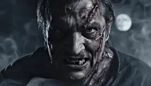 AI Video: "Cinematic horror close-up video of a man who looks extremely ugly, scarred,...