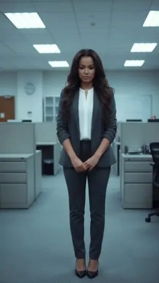 AI Video: She turns away slightly, brows furrow in apology, bites lower lip, tilts head...