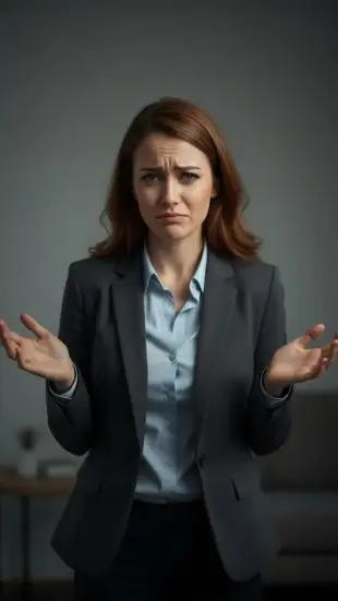 AI Video: "Apologetic, he furrows brows, looks down, shakes head slowly, sighs, 'I'm...