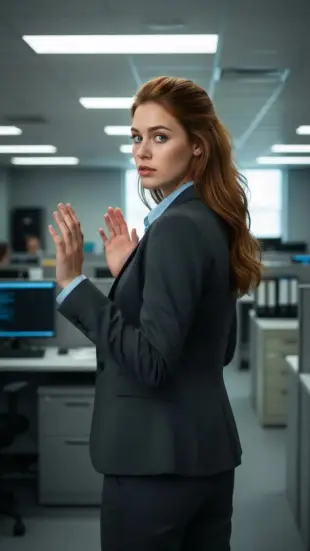 AI Video: She frowns, "I'm sorry," lip quivers slightly, tilts head, looks down, blinks...