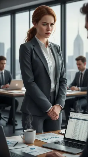 AI Video: He frowns slightly, tilts head, chest falls, blinks slowly, "I'm sorry, but I...