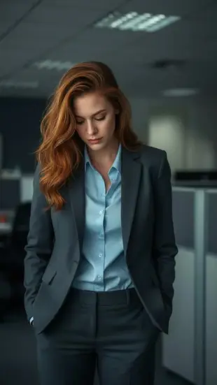 AI Video: She looks down apologetically, eyebrows knit together. Chest deflates. Nods...