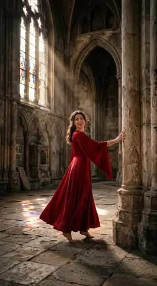 AI Video: A young woman in a flowing red silk dress walks slowly through an abandoned...