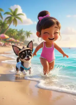 AI Video: On a bright and sunny shore, a joyful young girl dressed in a pink swimsuit...