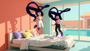 AI Video: 2 lily jumping on the squeaking bed