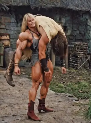 AI Video: amazon lift carry a man on shoulder and carry other man under her armpits