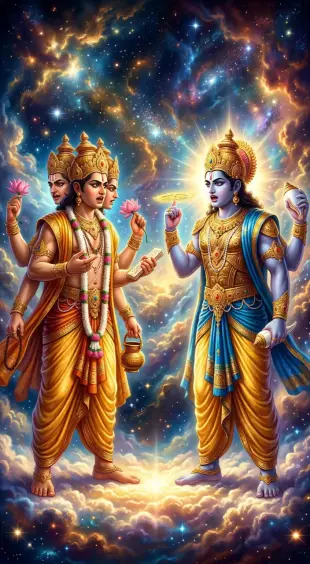 AI Video: Hindu gods Vishnu and Brahma arguing in a cosmic sky, divine aura, Vishnu...