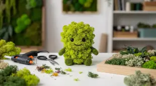 AI Video: Generate a video of a cute anthropomorphic stabilized reindeer moss character...