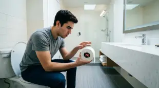AI Video: INT. BATHROOM. A guy sits, eyes glued to a digital counter inside his TP...