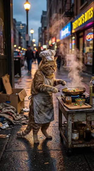 AI Video: Make my a YouTube short about a homeless cat that starts cooking on the...