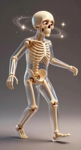 AI Video: Skeleton wobbling while trying to walk straight, dizzy stars spinning around...