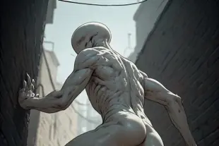 AI Video: lays an egg from behind his torso