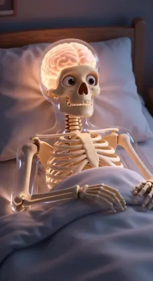 AI Video: Skeleton peacefully sleeping in bed with glowing calm brain inside skull
