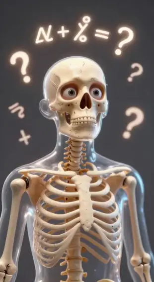 AI Video: Confused skeleton staring at floating math symbols and question marks around...