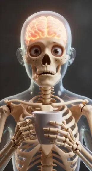 AI Video: Skeleton character staring at the camera while holding a coffee cup, eyes...