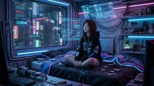 AI Video: girl on the bad in cyberpank room
