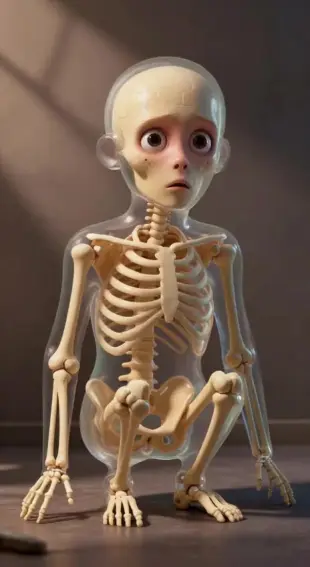 AI Video: Paranoid skeleton hiding and looking around nervously in dark environment.