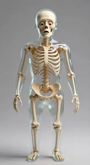 AI Video: Skeleton looking scared while hallucinated floating shapes appear around them.