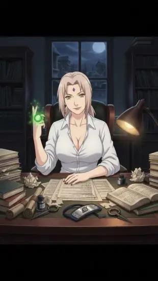 AI Video: She looks up from paperwork, head tilting slightly. A playful smirk forms as...