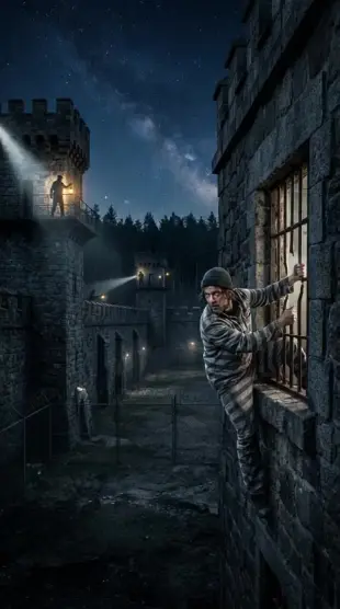 AI Video: Noche, la prisión desde afuera, cielo estrellado. El prisionero se desliza...