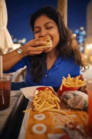 AI Video: shot of a woman calmly eating a burger at an outdoor restaurant at night. The...