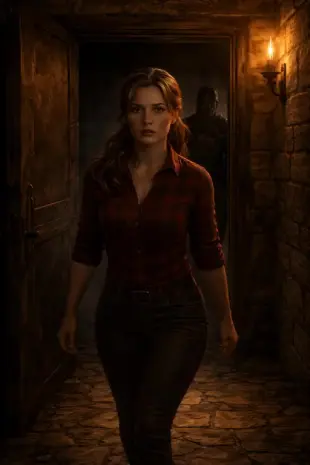 AI Video: Frame 1. 
A young woman cautiously walks forward into a dim dungeon...