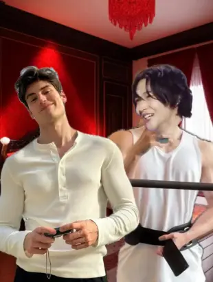 AI Video: Make the two boys in the photo kiss each other passionately