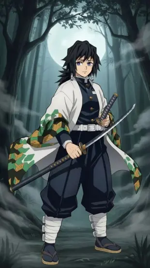 AI Video: He stands perfectly still, chest rising slowly with deep breaths, haori...