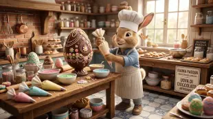 AI Video: genera un coniglio pasticcere che fa le uova pasquale