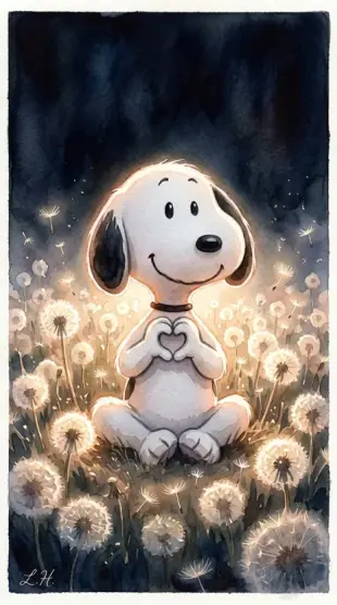 AI Video: Watercolor Close up Snoopy sitting in middle of a backlit field of seed...