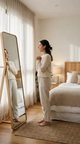 AI Video: Modern bedroom with woman facing the mirror saying "thank you lord"