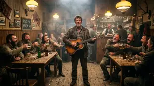 AI Video: A humorous cinematic Eastern European chanson music video. A rugged...