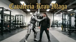 AI Video: "A funny cinematic video with shown title'Cavaleria Krav Maga' in gold...