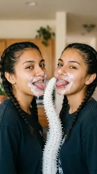 AI Video: Unbelievably gorgeous 19 yo latina twins with braided pigtails tanned toned...