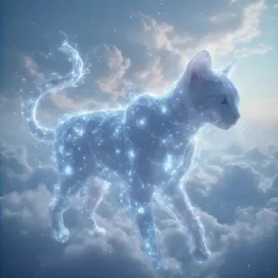 AI Video: this is a magical glowing cat, shimmering with light, as he walks forward his...