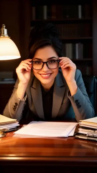 AI Video: She pushes glasses up bridge of nose, leans torso forward, chest rises with...