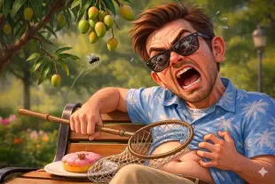 AI Video: • Comedy: He pulls out a giant butterfly net from nowhere. He spots the fly...