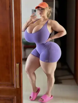 AI Video: A woman with large breasts and red hair bends over as the camera zooms in and...