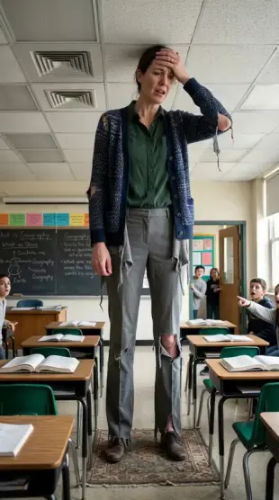 AI Video: Make a hot teacher have a headache, and then grow into a 15 ft tall woman,...