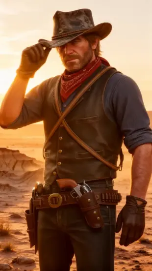 AI Video: Arthur lifts a hand to tip his weathered hat, eyes narrowing as they scan...