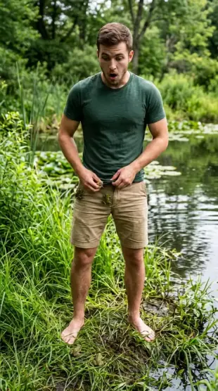 AI Video: Young man with a athletic body putting frogs in his pants