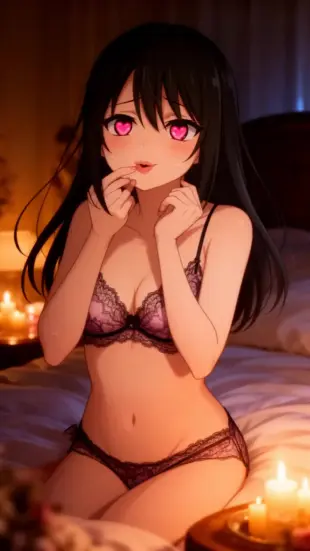 AI Video: touching neck, tilting head, loving gaze, heart eyes, seductive gaze, slow...