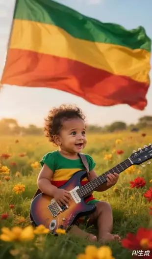 AI Video: Create a video of a little girl aged 3 months standing and playing blues...