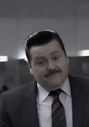 AI Video: Draai hoofd naar rechts.  Het haar is heel blinkend gekamd met brylcreem