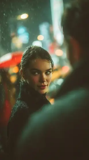 AI Video: Rain falls softly, glistening on the woman's hair and coat as she glances...